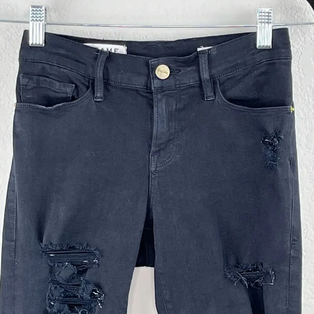 Frame Le Skinny de Jeanne Black Distressed Low Rise Denim Jeans 24